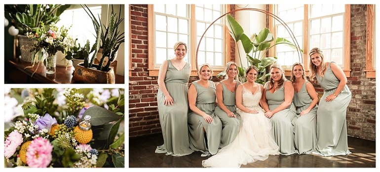 bride and bridal party and bouquets with rings