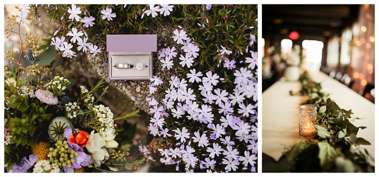 wedding party table at reception and rings