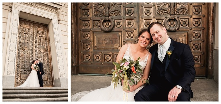 bride and groom at Indianapolis War Memorial doors