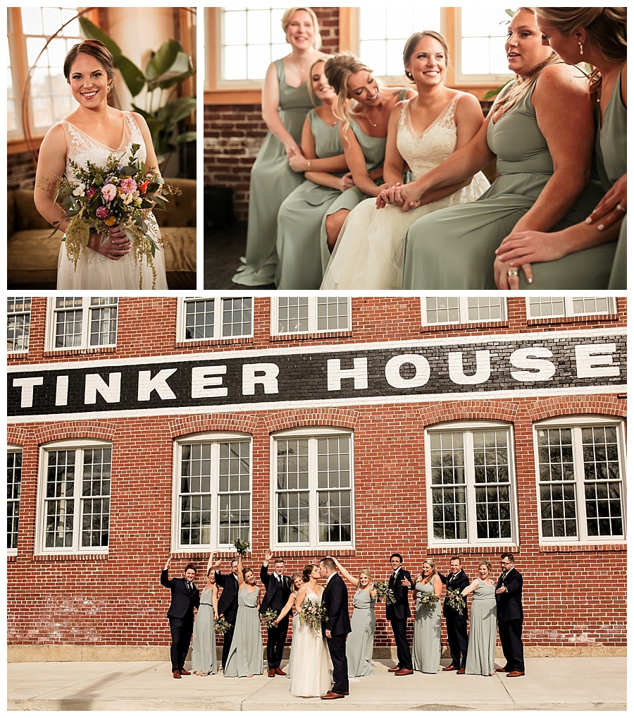 bride, bridal party, and bride and groom with wedding party