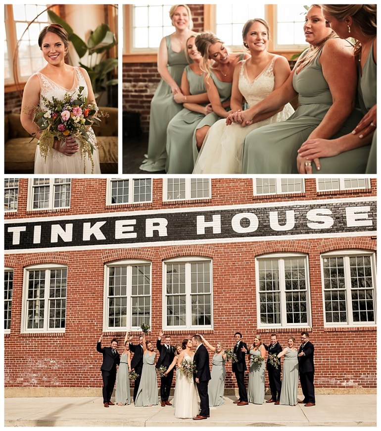 bride, bridal party, and bride and groom with wedding party