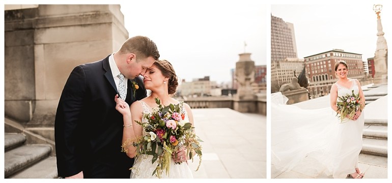bride and groom posed in the city