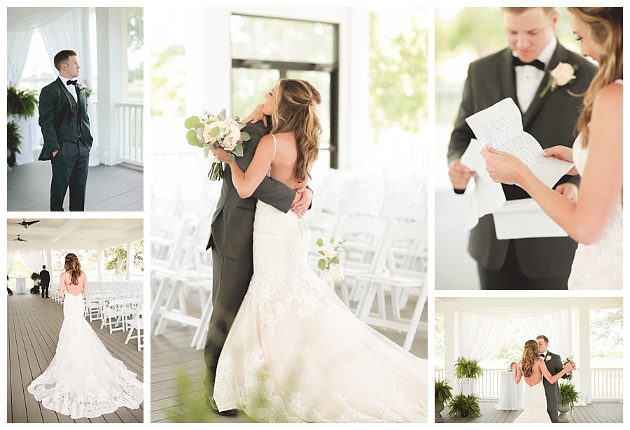 bride and groom first look bridal gown train