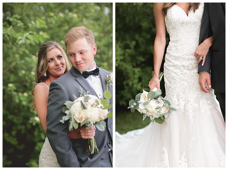 bride looking at groom bride holding bouquet