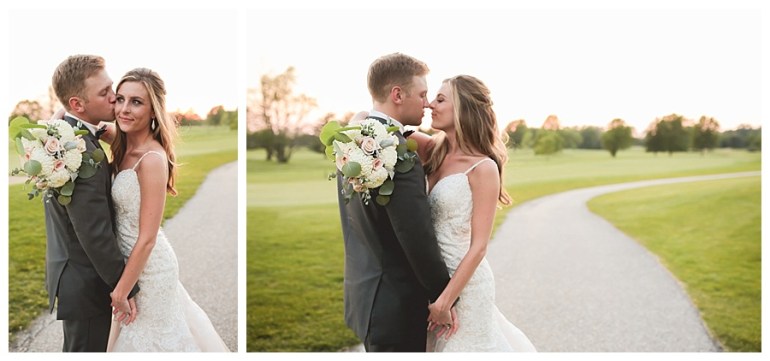 bride and groom embracing posed golf club indiana
