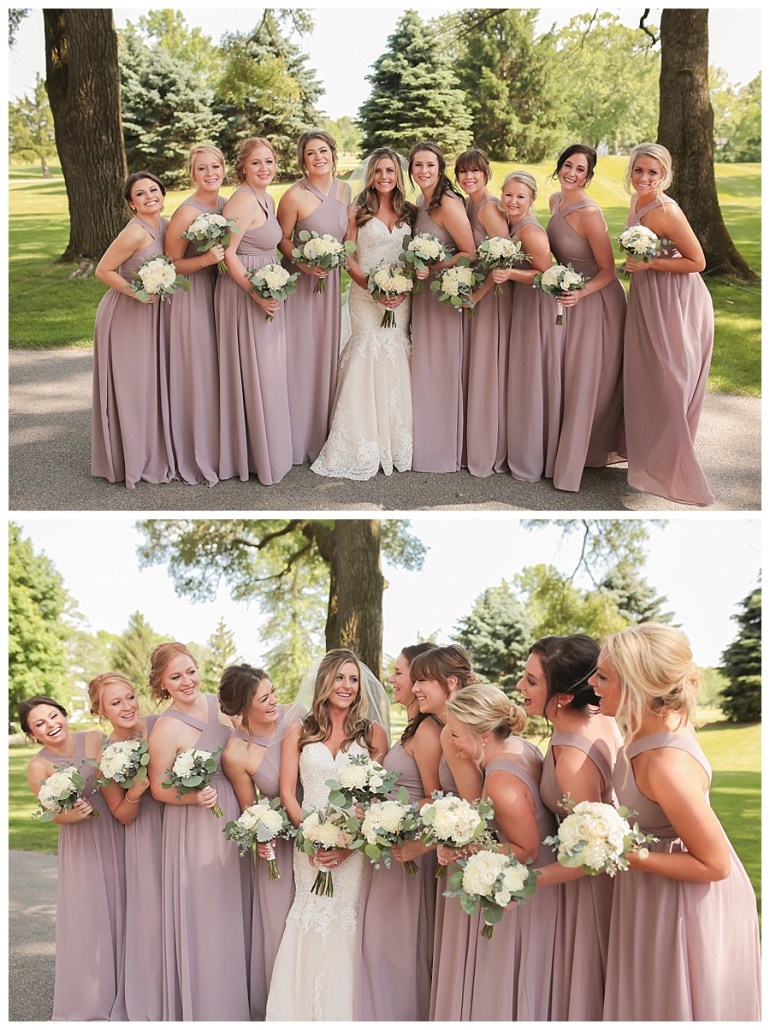 bride and bridesmaids smiling and laughing looking at each other