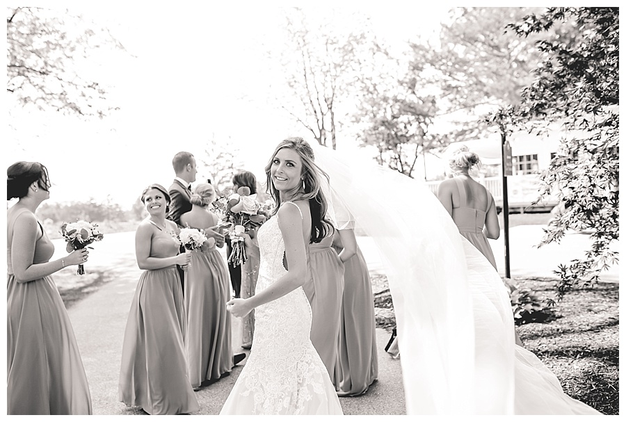 brides veil blowing in wind behind her with wedding party